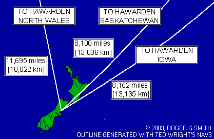 [A map showing the location of Hawarden, New Zealand, with the directions and distances towards the other three Hawardens in the world]